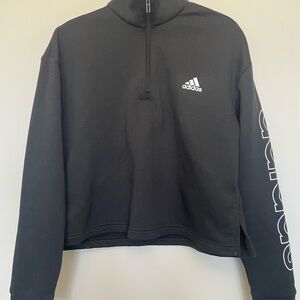 Adidas Woman Black Sweater Large Quarter Zip-Up Pullover Logo Sleeve Athletic